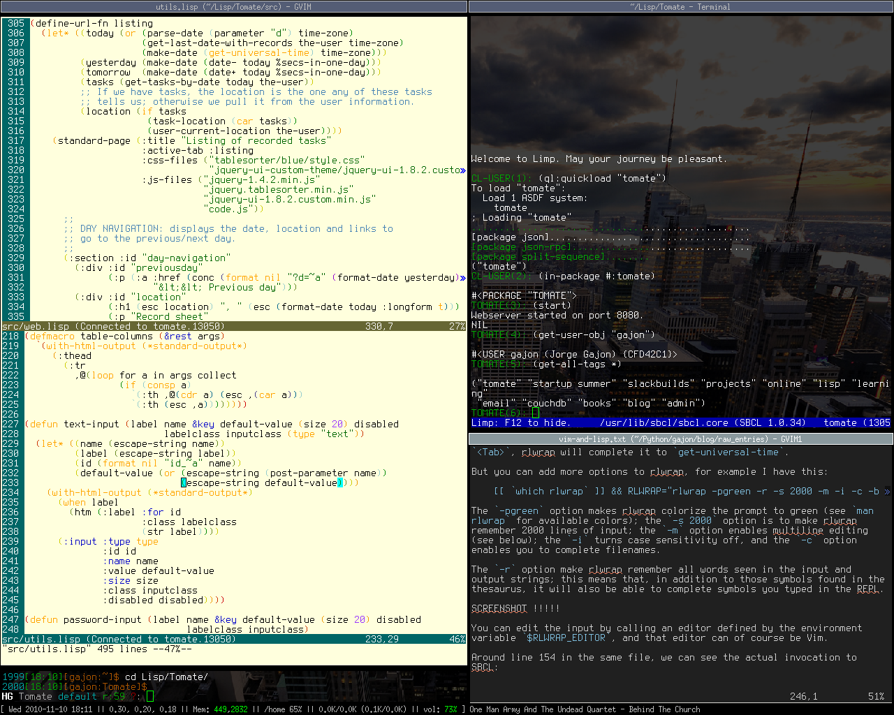 Screenshot, Common Lisp development with Vim and Limp, and the Ion3 Window Manager